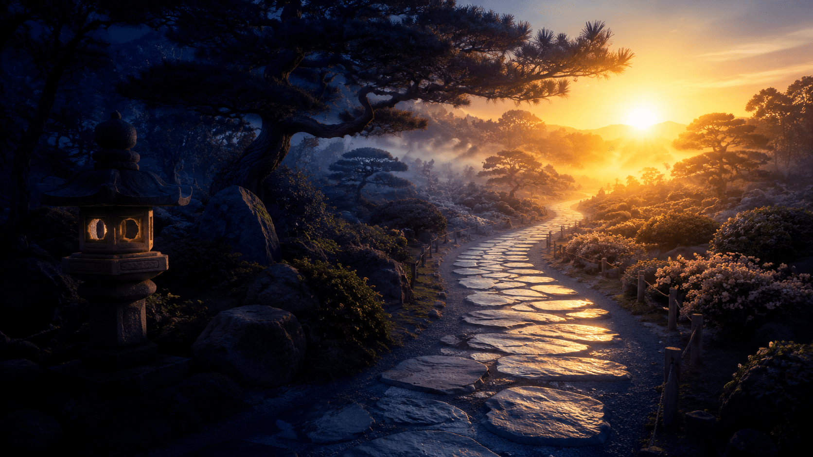 Caminho de pedras num jardim japonês saindo da escuridão em direção ao sol nascente